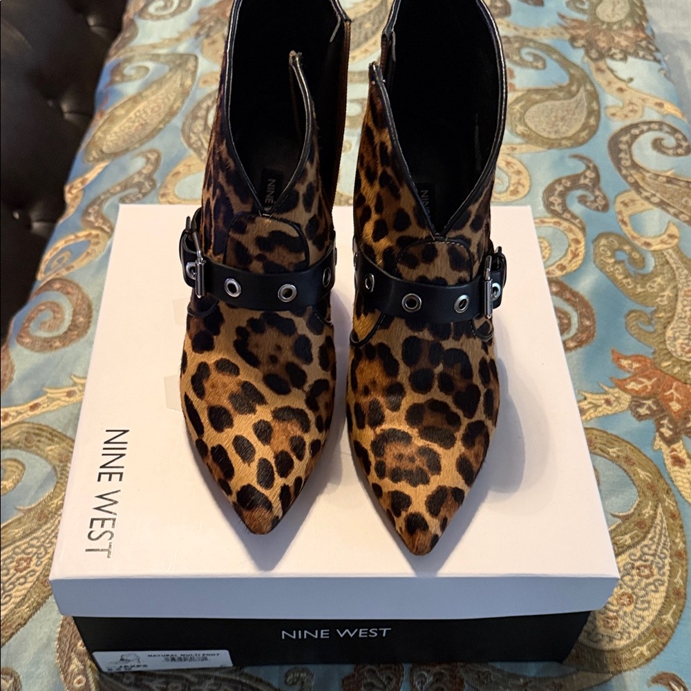 Nine West Genuine Cow Fur -Leopard Print Pointed Ankle Booties in Brown/Black